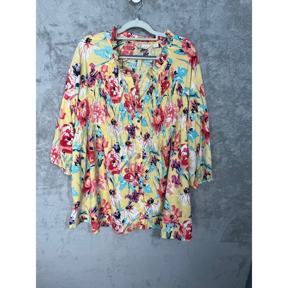 Caffe Marrakesh Tunic Blouse 2X Yellow Floral Smocked Top Cottage Core Boho